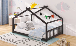 English Elm Twin Size Playhouse Bed Solid Pine Frame Kids House Roof Slat Support Included Espresso N708P182786P