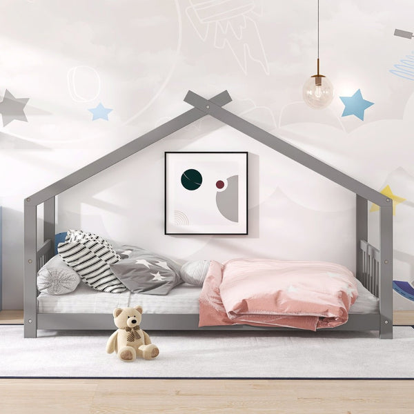 English Elm Twin Size Playhouse Bed Solid Pine Frame Kids House Roof Slat Support Included Gray N708P182785E