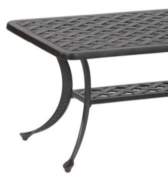English Elm Coffee Table Antique Bronze Aluminum Outdoor Coffee Table — Castle Rock Lattice Top, Shelf, Weatherproof ABQ-AHF-LD1031F