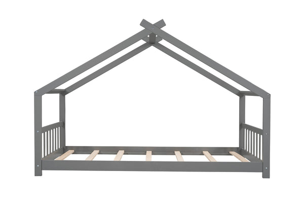 English Elm Twin Size Playhouse Bed Solid Pine Frame Kids House Roof Slat Support Included Gray N708P182785E