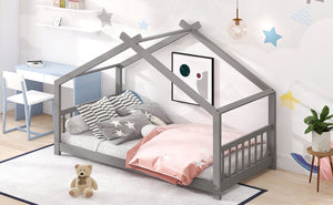 English Elm Twin Size Playhouse Bed Solid Pine Frame Kids House Roof Slat Support Included Gray N708P182785E