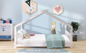 English Elm Twin Size Playhouse Bed Solid Pine Frame Kids House Roof Slat Support Included White N708P182786K