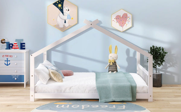 English Elm Twin Size Playhouse Bed Solid Pine Frame Kids House Roof Slat Support Included White N708P182786K