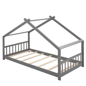 English Elm Twin Size Playhouse Bed Solid Pine Frame Kids House Roof Slat Support Included Gray N708P182785E