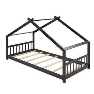 English Elm Twin Size Playhouse Bed Solid Pine Frame Kids House Roof Slat Support Included Espresso N708P182785P