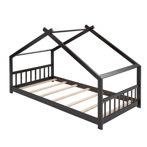 English Elm Twin Size Playhouse Bed Solid Pine Frame Kids House Roof Slat Support Included Espresso N708P182785P