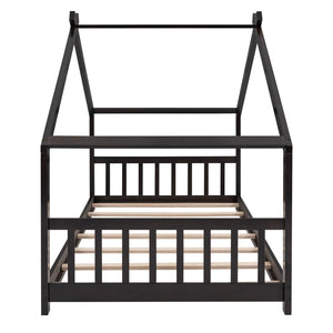 English Elm Twin Size Playhouse Bed Solid Pine Frame Kids House Roof Slat Support Included Espresso N708P182785P