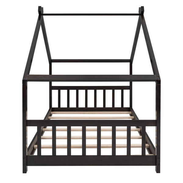 English Elm Twin Size Playhouse Bed Solid Pine Frame Kids House Roof Slat Support Included Espresso N708P182785P