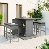 Hearth and Haven 5 Piece PE Wicker Patio Dining Table Set with Storage Shelf and 4 Padded Stools, Dark Grey