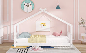 English Elm Twin Size Playhouse Bed Solid Pine Frame Kids House Roof Slat Support Included White N708P182785K