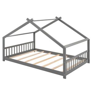 English Elm Twin Size Playhouse Bed Solid Pine Frame Kids House Roof Slat Support Included Gray N708P182786E