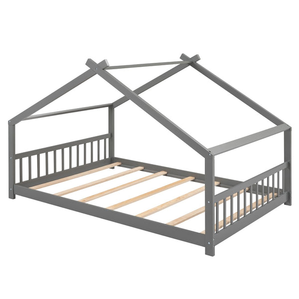 English Elm Twin Size Playhouse Bed Solid Pine Frame Kids House Roof Slat Support Included Gray N708P182786E