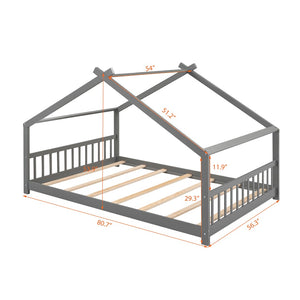English Elm Twin Size Playhouse Bed Solid Pine Frame Kids House Roof Slat Support Included Gray N708P182786E