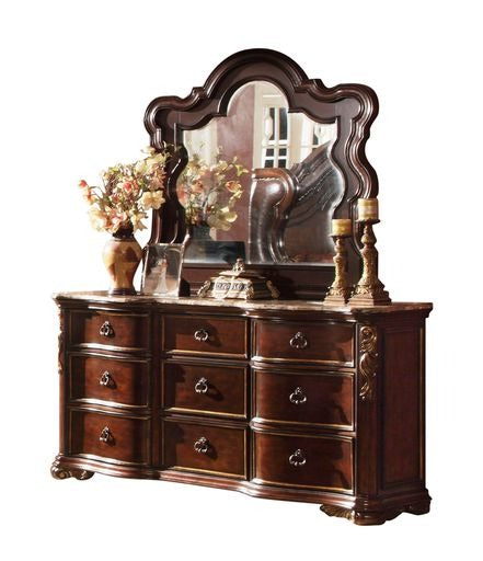 English Elm Bella Queen 5-Piece Walnut Bedroom Set with Upholstered Wing Headboard, Marble Tops, 9-Drawer Dresser B009S01606