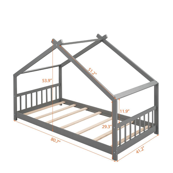 English Elm Twin Size Playhouse Bed Solid Pine Frame Kids House Roof Slat Support Included Gray N708P182785E