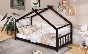 English Elm Twin Size Playhouse Bed Solid Pine Frame Kids House Roof Slat Support Included Espresso N708P182785P