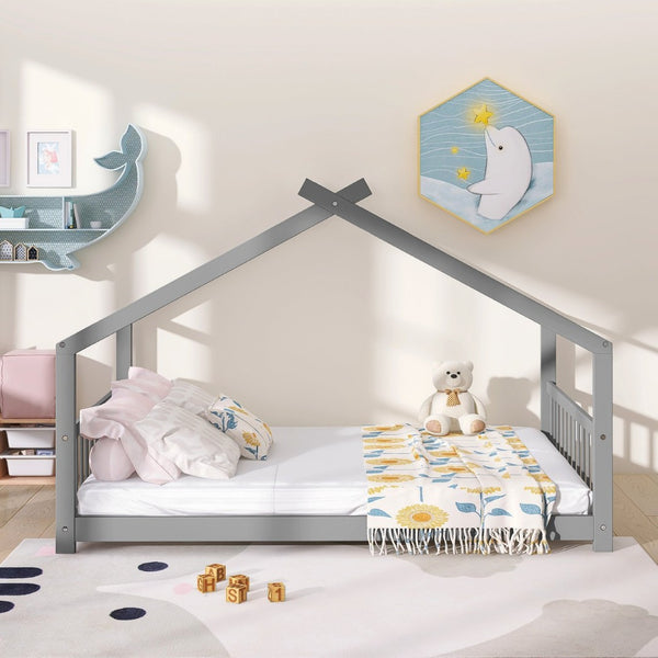 English Elm Twin Size Playhouse Bed Solid Pine Frame Kids House Roof Slat Support Included Gray N708P182786E