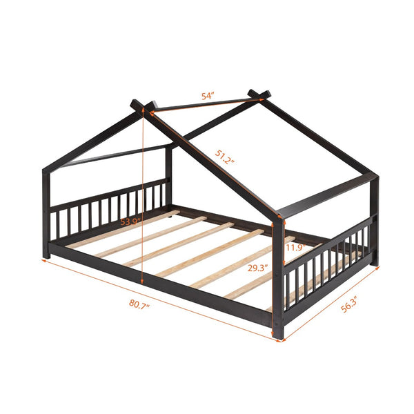 English Elm Twin Size Playhouse Bed Solid Pine Frame Kids House Roof Slat Support Included Espresso N708P182786P