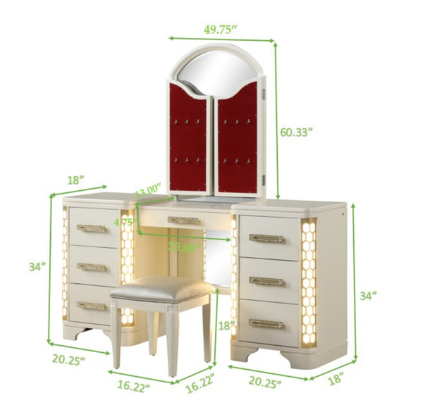 English Elm JASMINE 7-Drawer Vanity Set with Corner LED Lighting, Beige Wood Finish, Gold Accents, Spacious Storage B009S01835