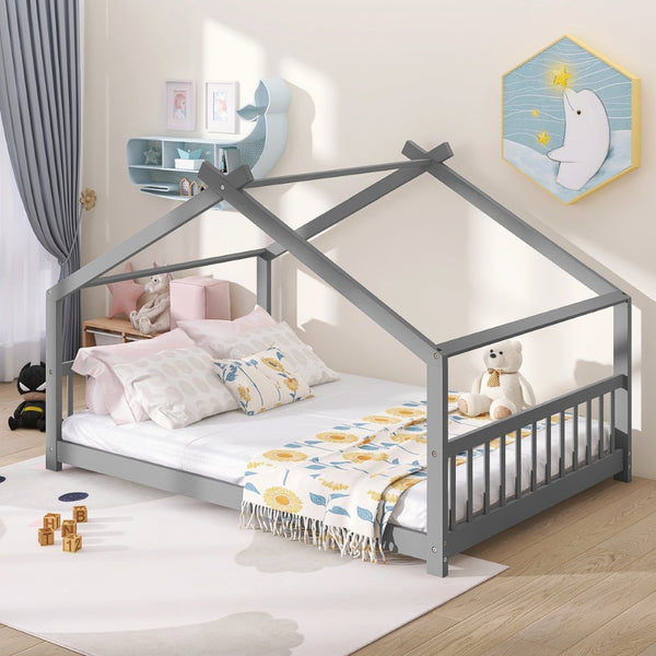 English Elm Twin Size Playhouse Bed Solid Pine Frame Kids House Roof Slat Support Included Gray N708P182786E