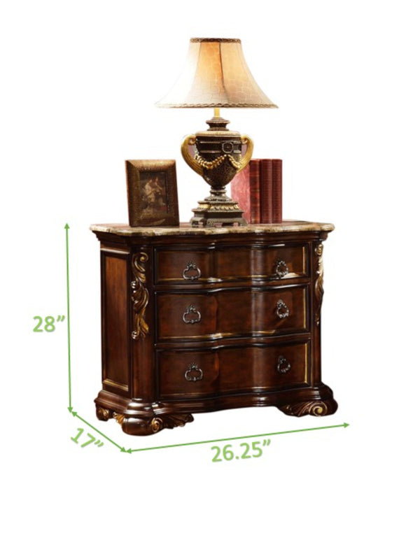 English Elm Bella Transitional 5pc King Bedroom Set in Rich Walnut with Upholstered Wing Headboard, Marble Tops B009S01605
