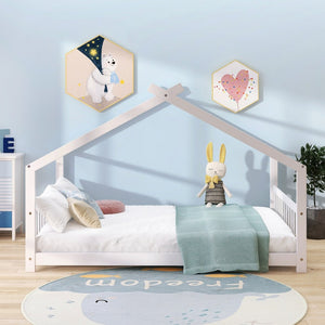English Elm Twin Size Playhouse Bed Solid Pine Frame Kids House Roof Slat Support Included White N708P182786K