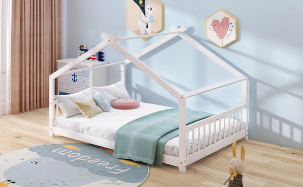 English Elm Twin Size Playhouse Bed Solid Pine Frame Kids House Roof Slat Support Included White N708P182786K