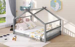English Elm Twin Size Playhouse Bed Solid Pine Frame Kids House Roof Slat Support Included Gray N708P182786E