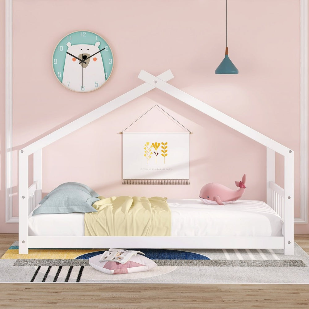 English Elm Twin Size Playhouse Bed Solid Pine Frame Kids House Roof Slat Support Included White N708P182785K
