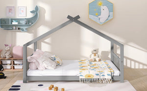 English Elm Twin Size Playhouse Bed Solid Pine Frame Kids House Roof Slat Support Included Gray N708P182786E