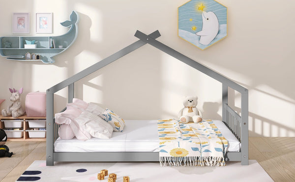 English Elm Twin Size Playhouse Bed Solid Pine Frame Kids House Roof Slat Support Included Gray N708P182786E