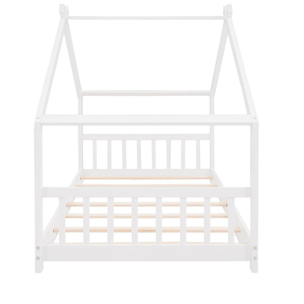 English Elm Twin Size Playhouse Bed Solid Pine Frame Kids House Roof Slat Support Included White N708P182785K