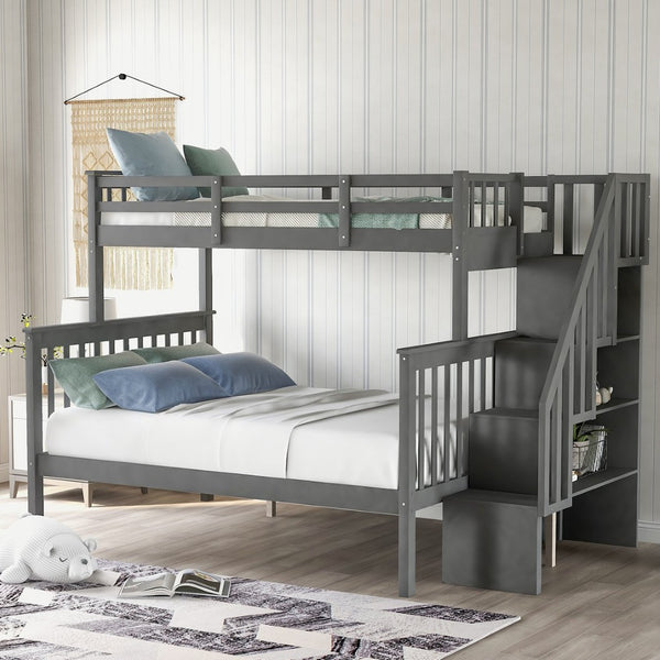 English Elm Stairway Twin Over Full Bunk Bed with Built in Stair Storage for Kids Bedroom Gray LT000019AAE-1