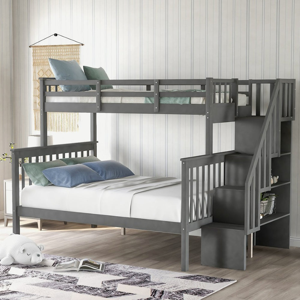 English Elm Stairway Twin Over Full Bunk Bed with Built in Stair Storage for Kids Bedroom Gray LT000019AAE