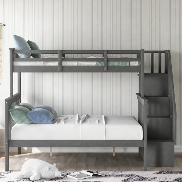 English Elm Stairway Twin Over Full Bunk Bed with Built in Stair Storage for Kids Bedroom Gray LT000019AAE-1