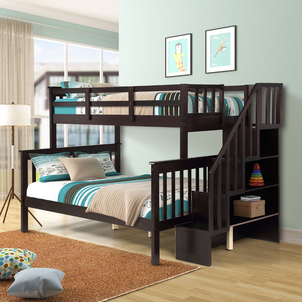 English Elm Stairway Twin Over Full Bunk Bed with Built in Stair Storage for Kids Bedroom Espresso LT000019AAP
