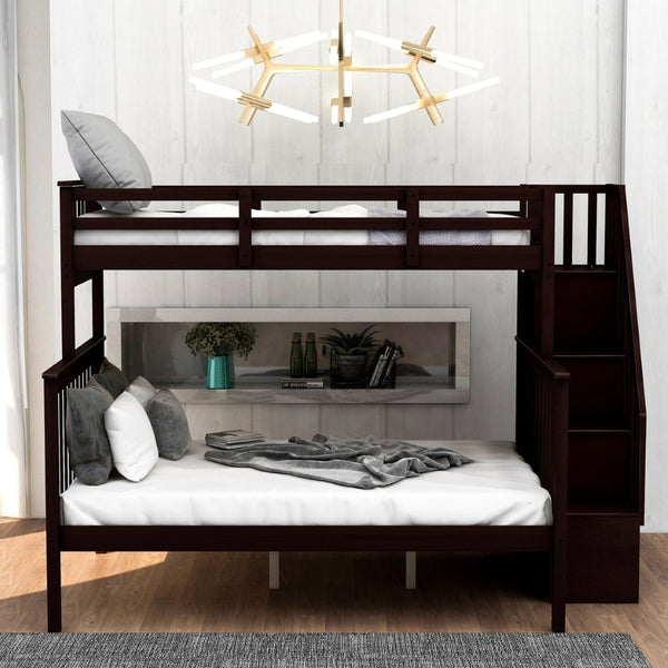 English Elm Stairway Twin Over Full Bunk Bed with Built in Stair Storage for Kids Bedroom Espresso LT000019AAP