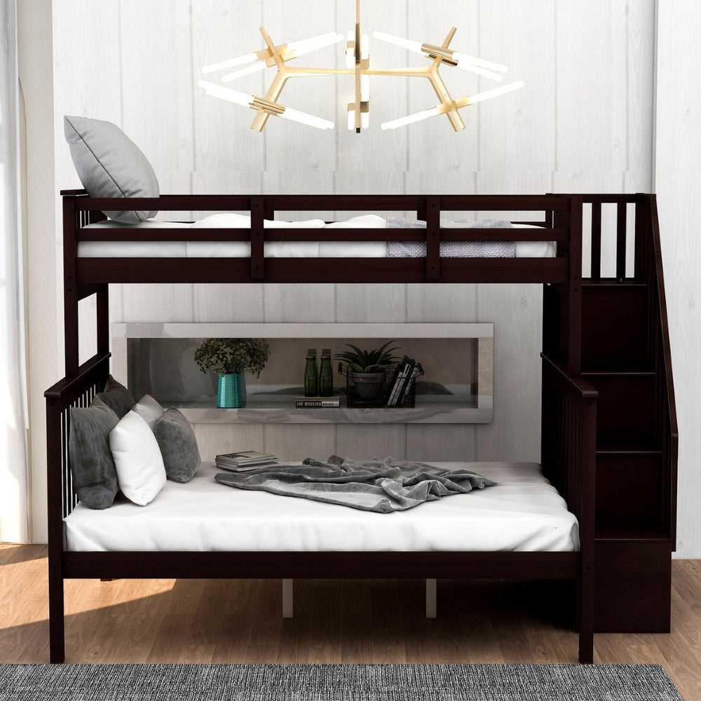 English Elm Stairway Twin Over Full Bunk Bed with Built in Stair Storage for Kids Bedroom Espresso LT000019AAP-1