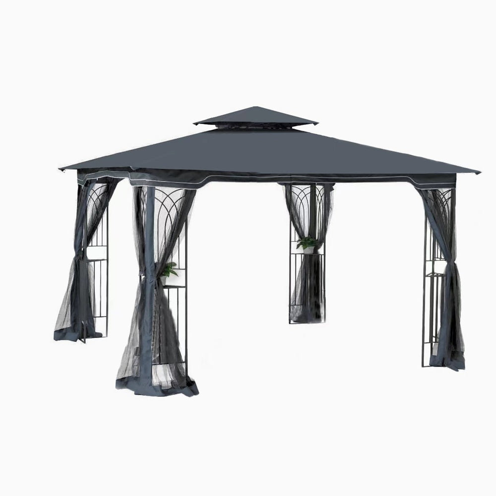 English Elm 10x10 Outdoor Gazebo with Vented Dual Roof Mesh Screens Steel Frame Patio Shelter W41940785