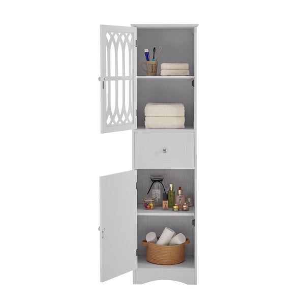 English Elm Tall Bathroom Cabinet Slim Freestanding Storage with Drawer & Doors, Adjustable Shelves, MDF Build White WF289427AAK