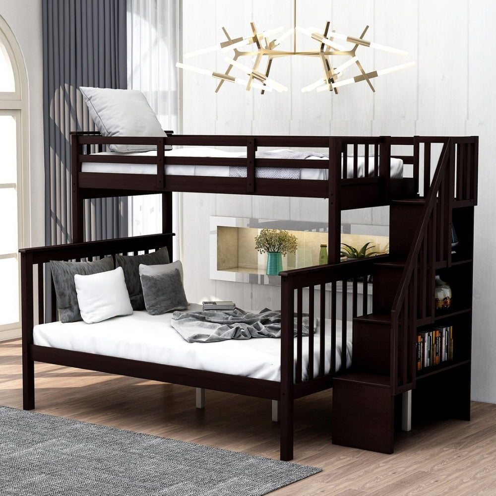 English Elm Stairway Twin Over Full Bunk Bed with Built in Stair Storage for Kids Bedroom Espresso LT000019AAP