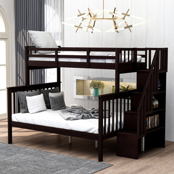 English Elm Stairway Twin Over Full Bunk Bed with Built in Stair Storage for Kids Bedroom Espresso LT000019AAP-1