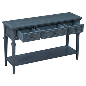 English Elm Trexm Neoclassical Pine Console Table Three Drawers Open Shelf Entryway Storage Navy WF199599AAM