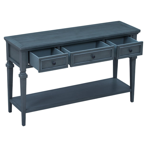 English Elm Trexm Neoclassical Pine Console Table Three Drawers Open Shelf Entryway Storage Navy WF199599AAM