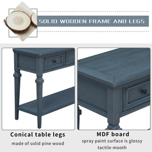 English Elm Trexm Neoclassical Pine Console Table Three Drawers Open Shelf Entryway Storage Navy WF199599AAM
