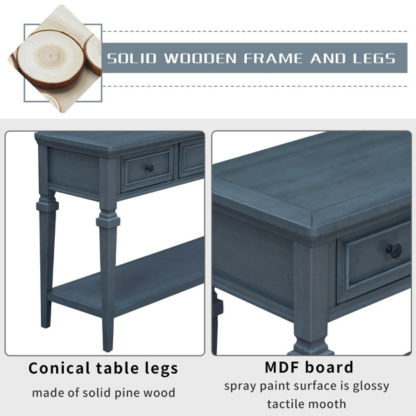 English Elm Trexm Neoclassical Pine Console Table Three Drawers Open Shelf Entryway Storage Navy WF199599AAM