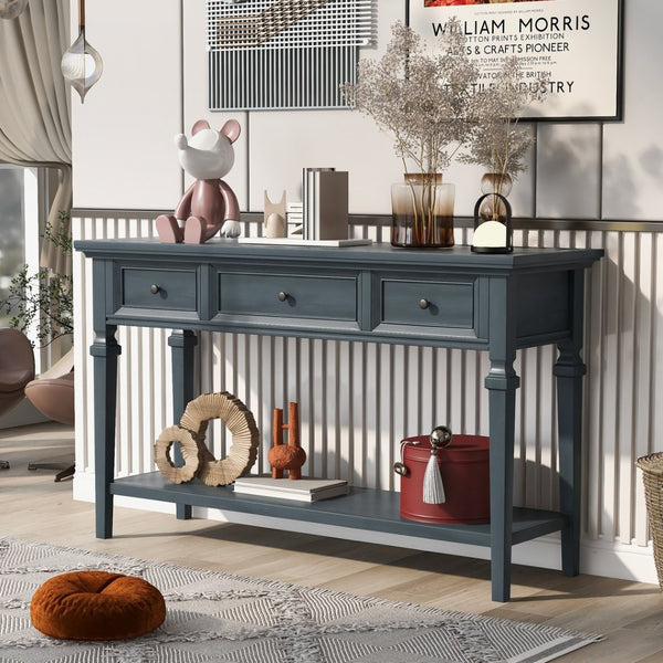 English Elm Trexm Neoclassical Pine Console Table Three Drawers Open Shelf Entryway Storage Navy WF199599AAM