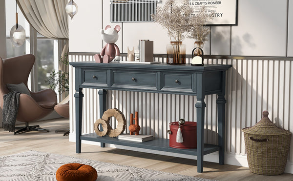 English Elm Trexm Neoclassical Pine Console Table Three Drawers Open Shelf Entryway Storage Navy WF199599AAM