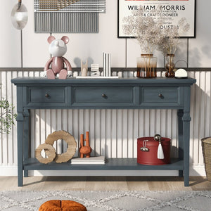 English Elm Trexm Neoclassical Pine Console Table Three Drawers Open Shelf Entryway Storage Navy WF199599AAM