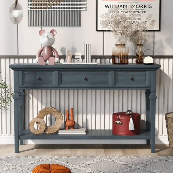 English Elm Trexm Neoclassical Pine Console Table Three Drawers Open Shelf Entryway Storage Navy WF199599AAM